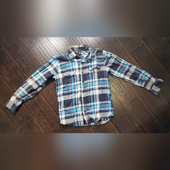 Mens OP Flannel Button Up Distressed Plaid Long Sleeve Top - Picture 6 of 10